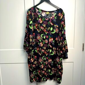 Democracy Floral Dress Multicolored Floral Print Black Wide Sleeves Size XL